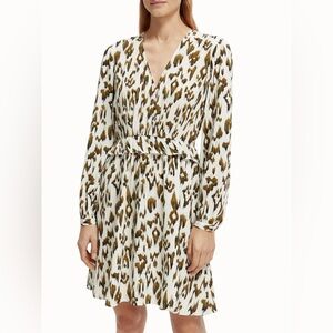 NWT- Scotch & Soda Leopard Print Long Sleeve Lined VNeck Mini Dress + necklace